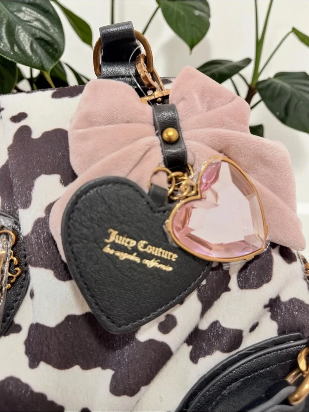Juicy Couture Black & White Cow Print Romance Satchel with Pink Bow
